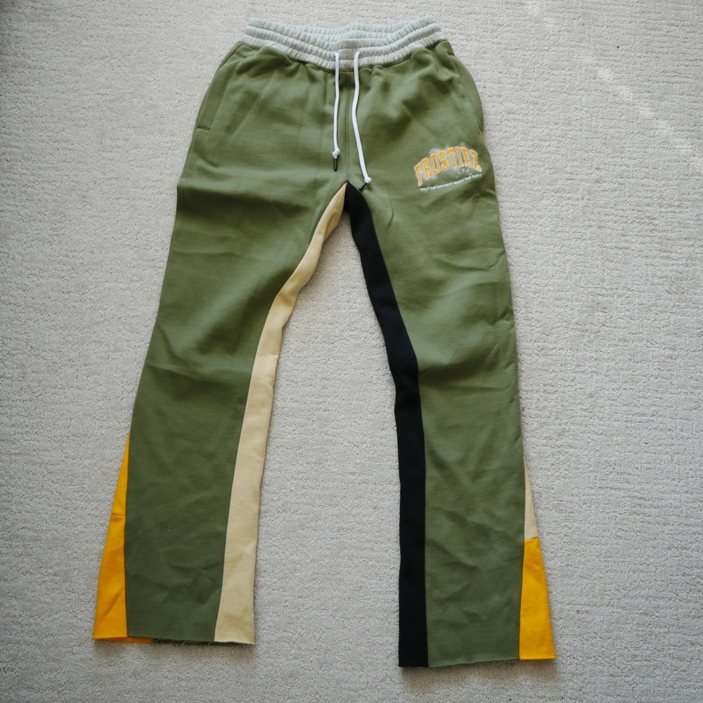 Frostiez Mens Olive Green Multi Color Panel Flare Sweatpants Size M Streetwear